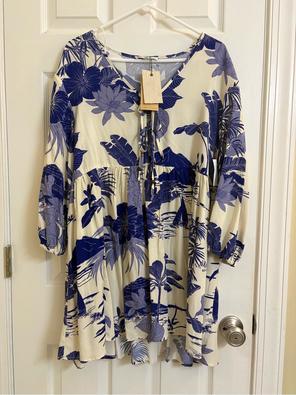 Label of Love Blue & Cream Tropical Print Tie-Front Tunic Vacay Cruise Dress, L